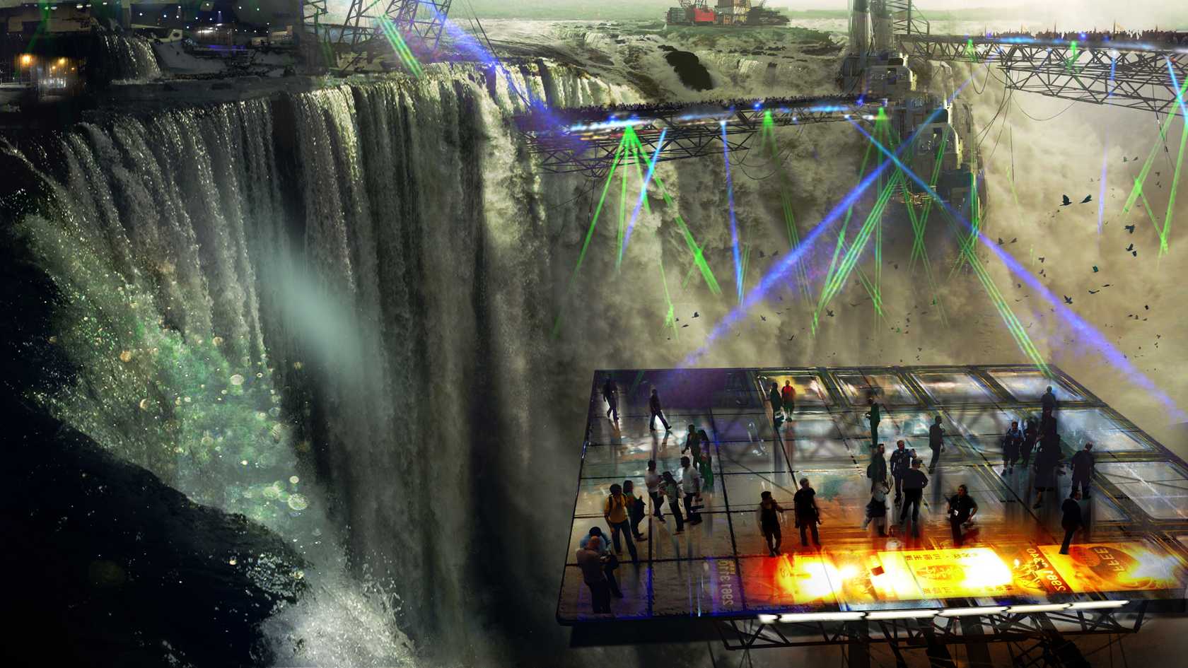 People walk on a glass-floored platform raised above an enormous waterfall that would put Niagra to shame. In the background, metal trusswork bridges cross the chasm, with green and purple lasers illuminating the falls below.