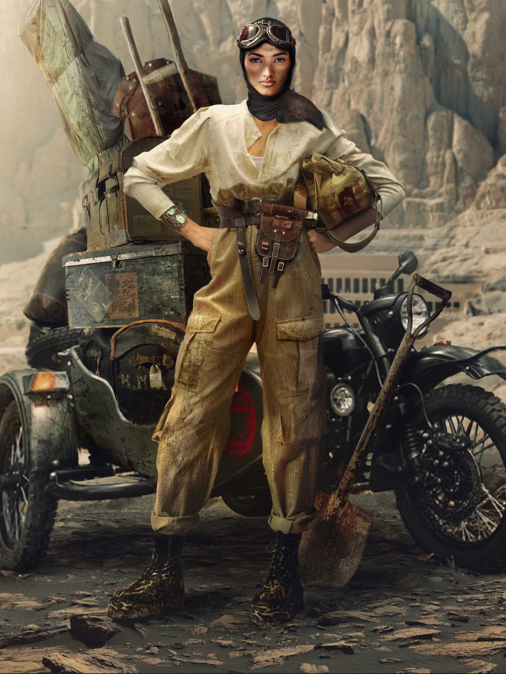 A confident woman posing in front of her cargo-laden motorcycle rig. She looks like some kind of archeologist.