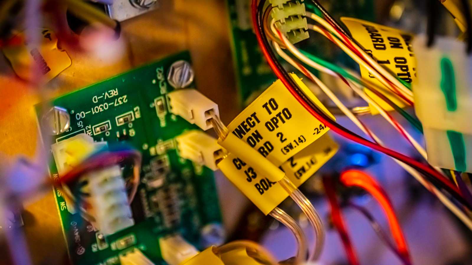 The underside of a pinball machine