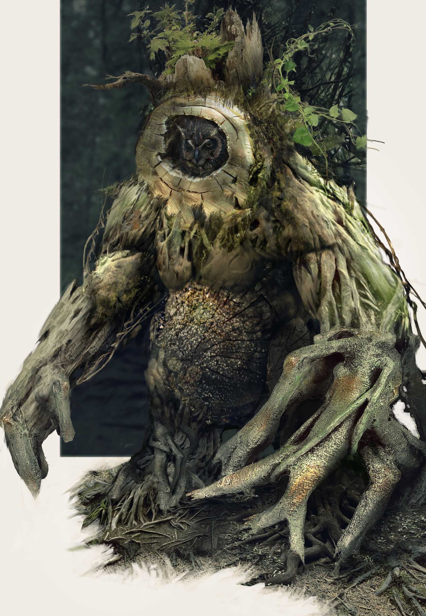 An overgrown tree creature with root-like arms, and an owl in the tree hollow at its head.