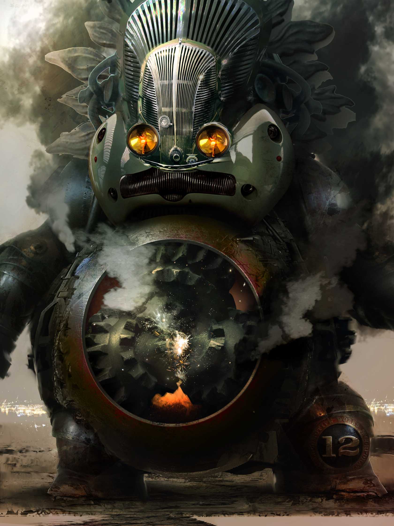A gargantuan mechanical creation, with the an old car grill and headlights for eyes, and a belly full of grinding, sparking, smoking sperhical gears.