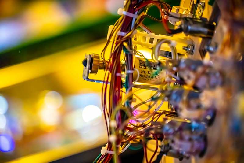 View of the bottom of a pinball playfield